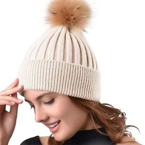 Beige Ribbed-Knit Pom Pom Winter Beanie Hat